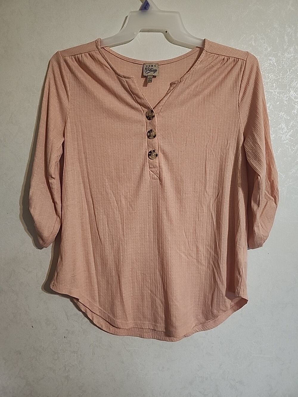 Como Vintage Womens Top Roll Sleeve Button Neck sz L Lightweight Pink